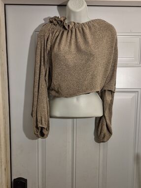 Ruched One-Shoulder Long Sleeve Top in Beige